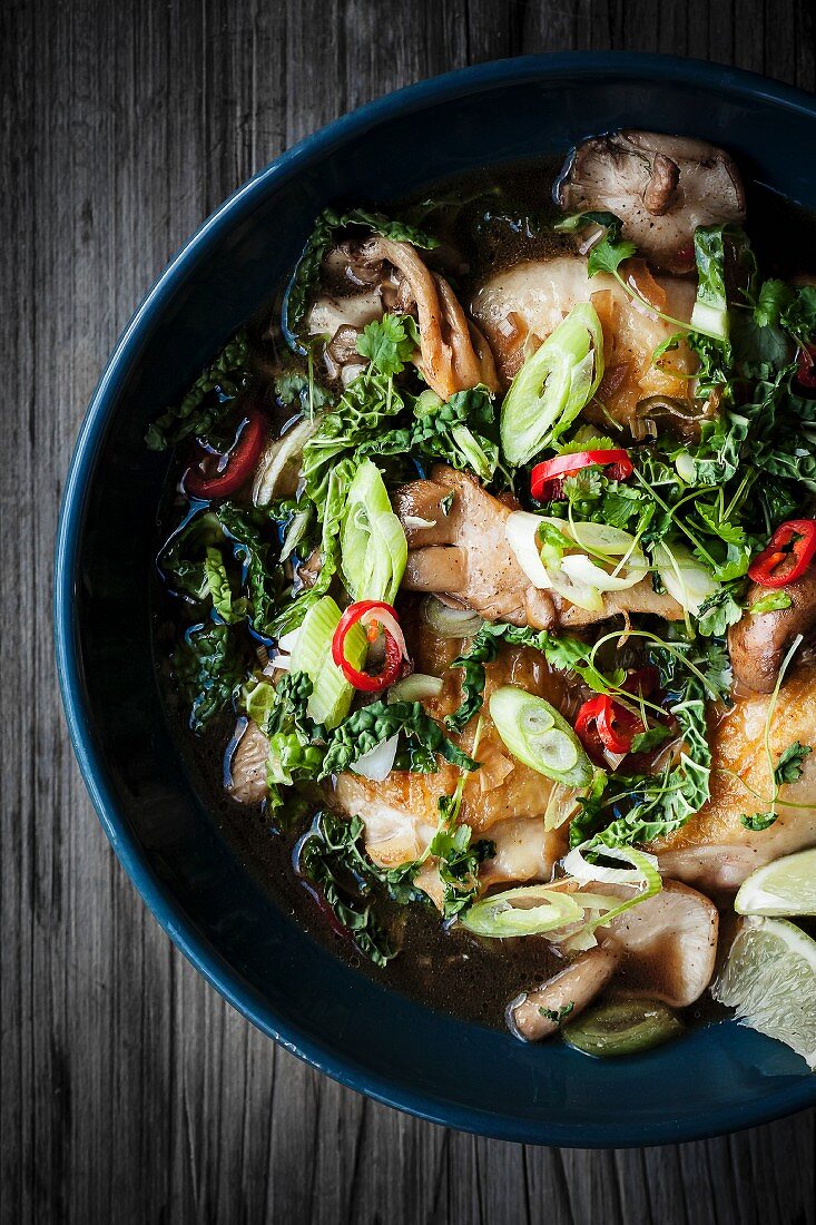 Chicken soup with savoy cabbage, spring onions and chillis (Thailand)
