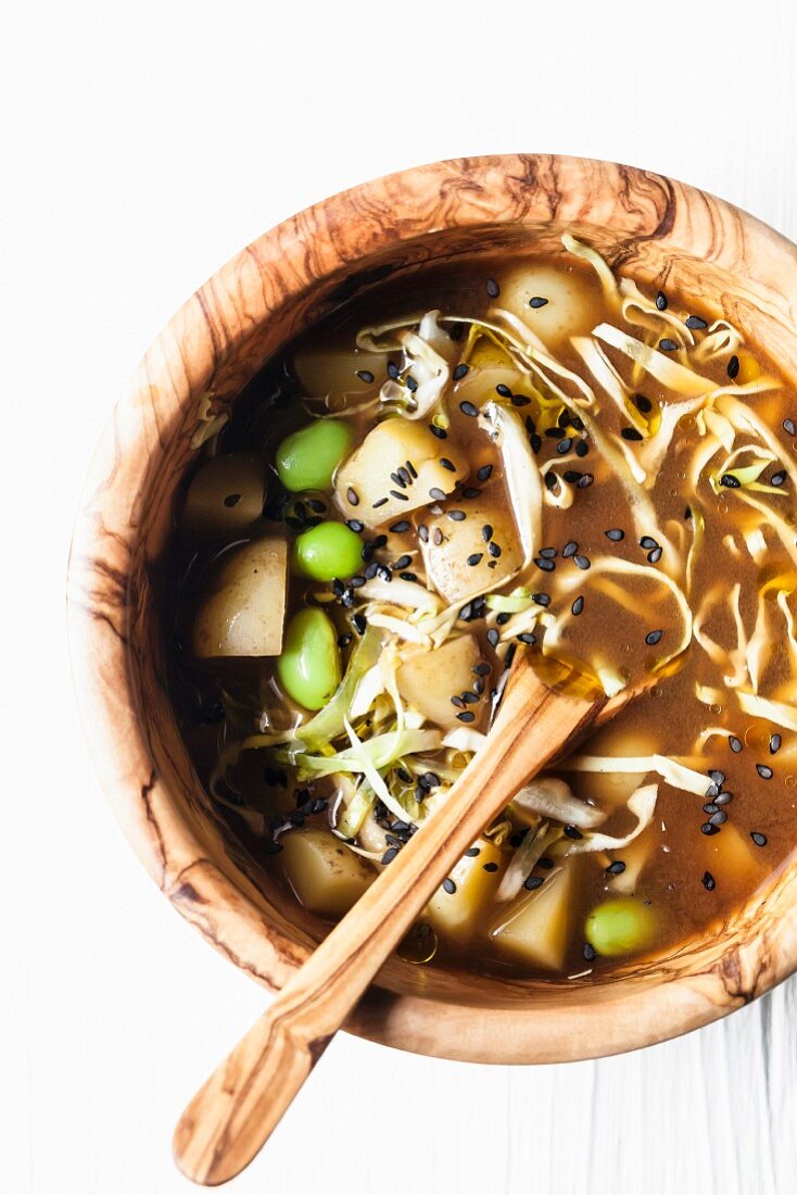 Miso soup with potatoes, white cabbage and soya beans