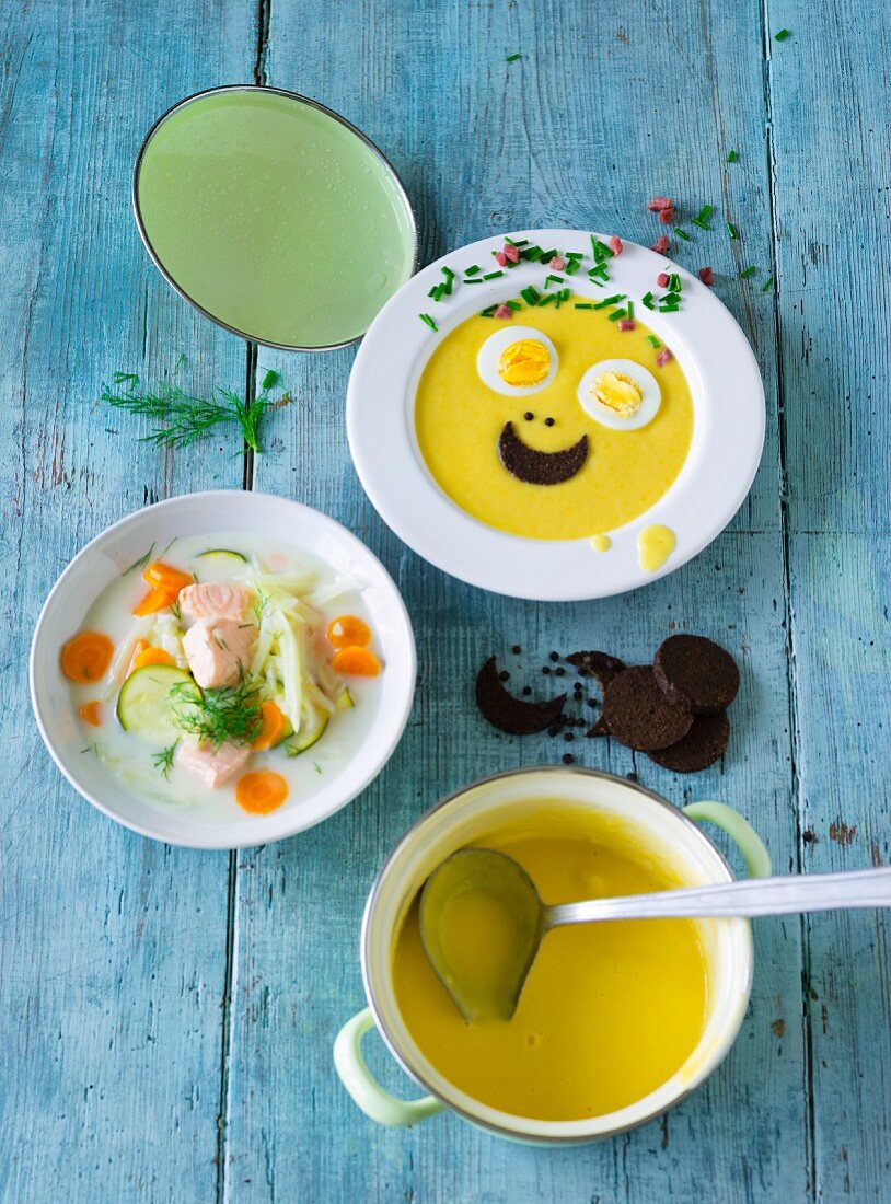 ADHD food: root vegetable soup and vegetable soup with salmon