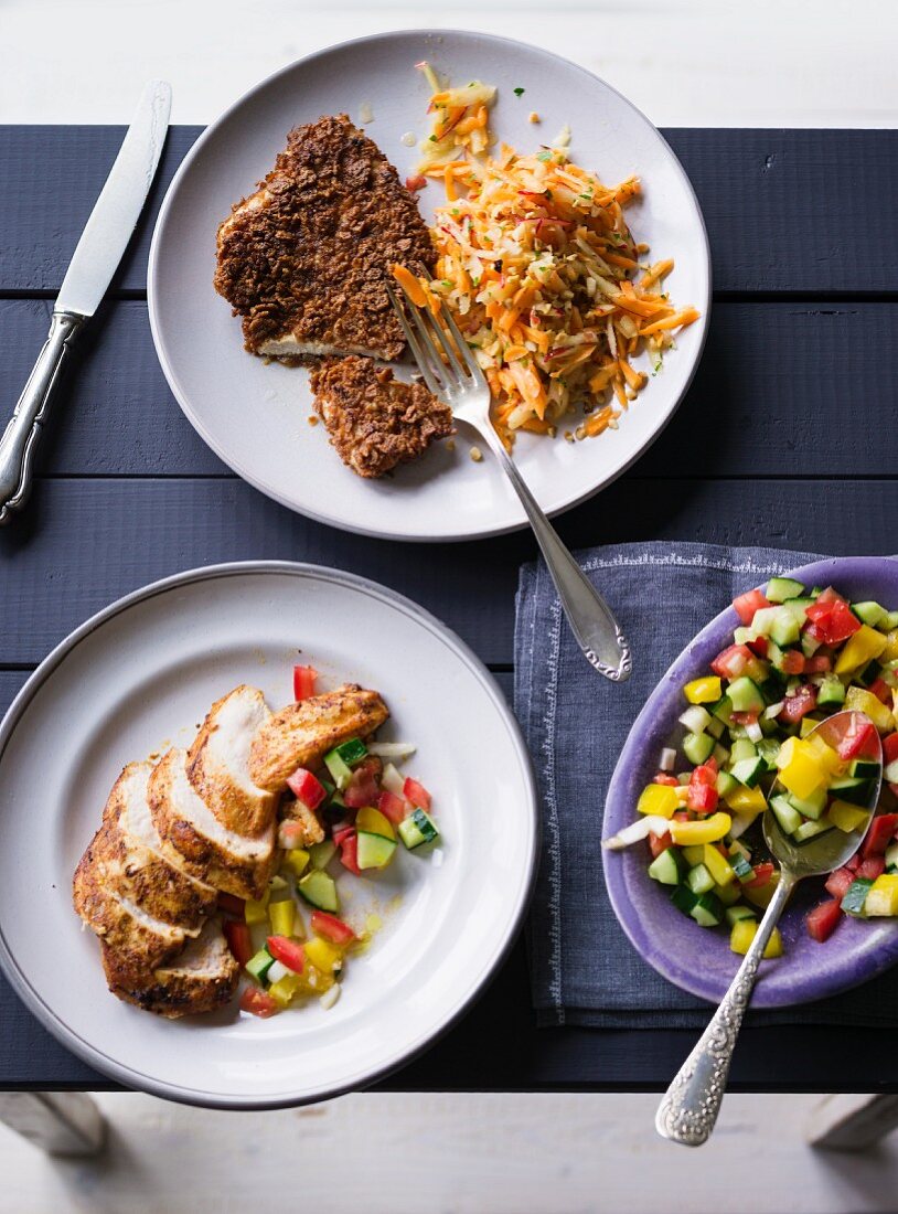 ADHD food: an escalope with a spelt flake coating and chicken with vegetable salad