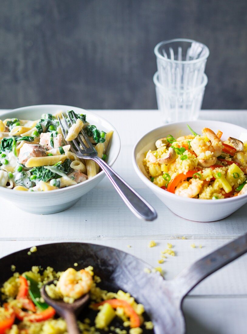ADHD food: pasta with salmon and fried quinoa with prawns