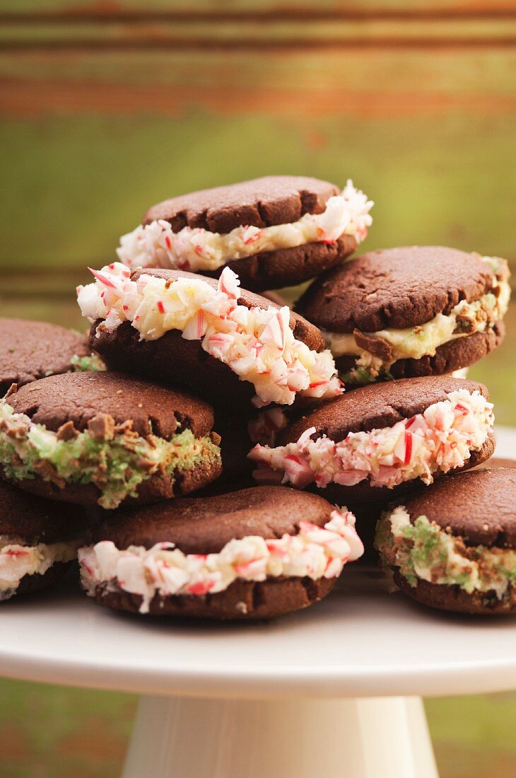 Chocolate sandwich biscuits filled with crushed peppermint rock