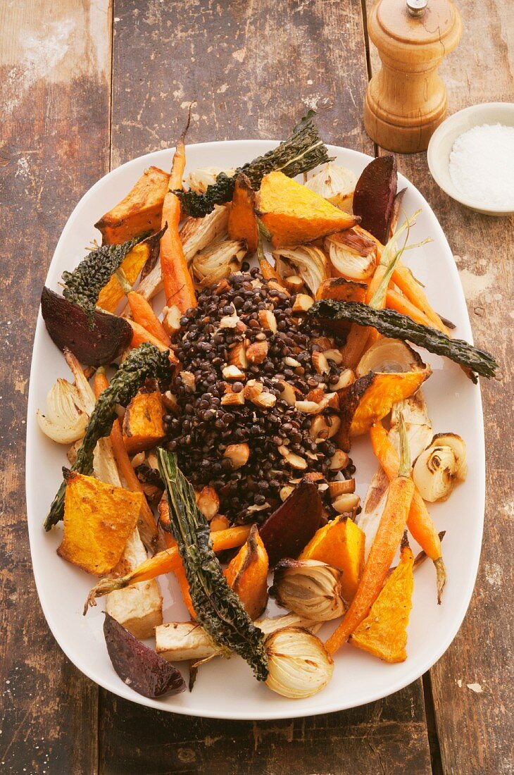 Roasted vegetables with spicy lentils