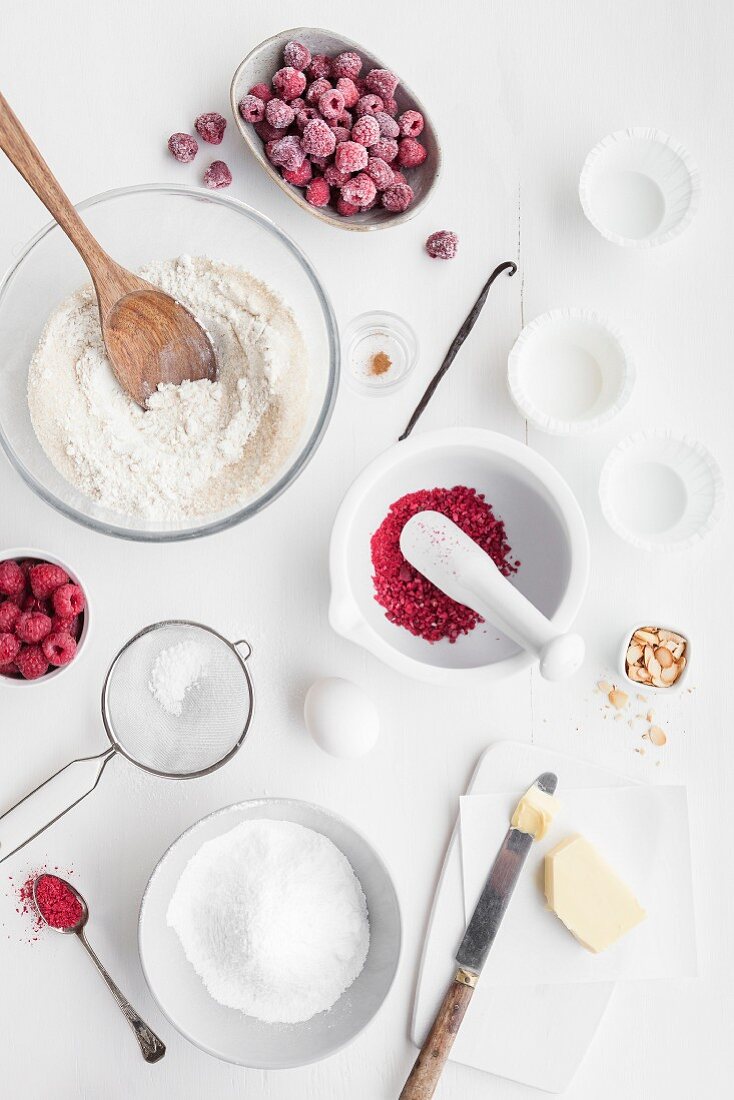 Ingredients for raspberry and almond muffins