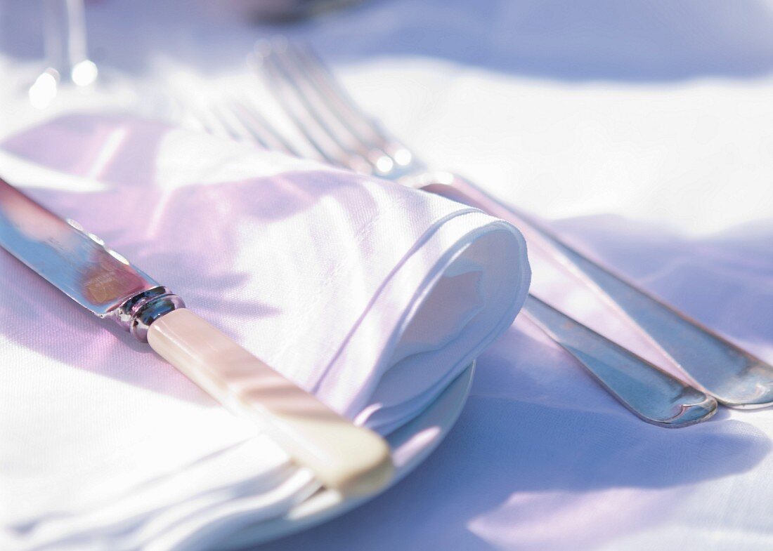 A place setting with a fabric napkin