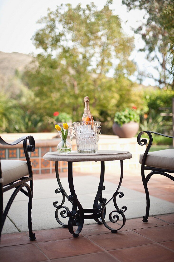 Vase and wine bottle in ice bucket on outdoor table in front of plants