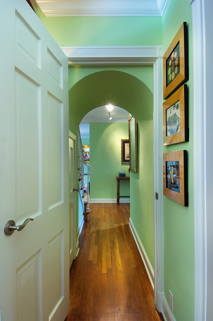 Wooden floor with paintings on green wall in narrow hallway; West Palm Beach; USA