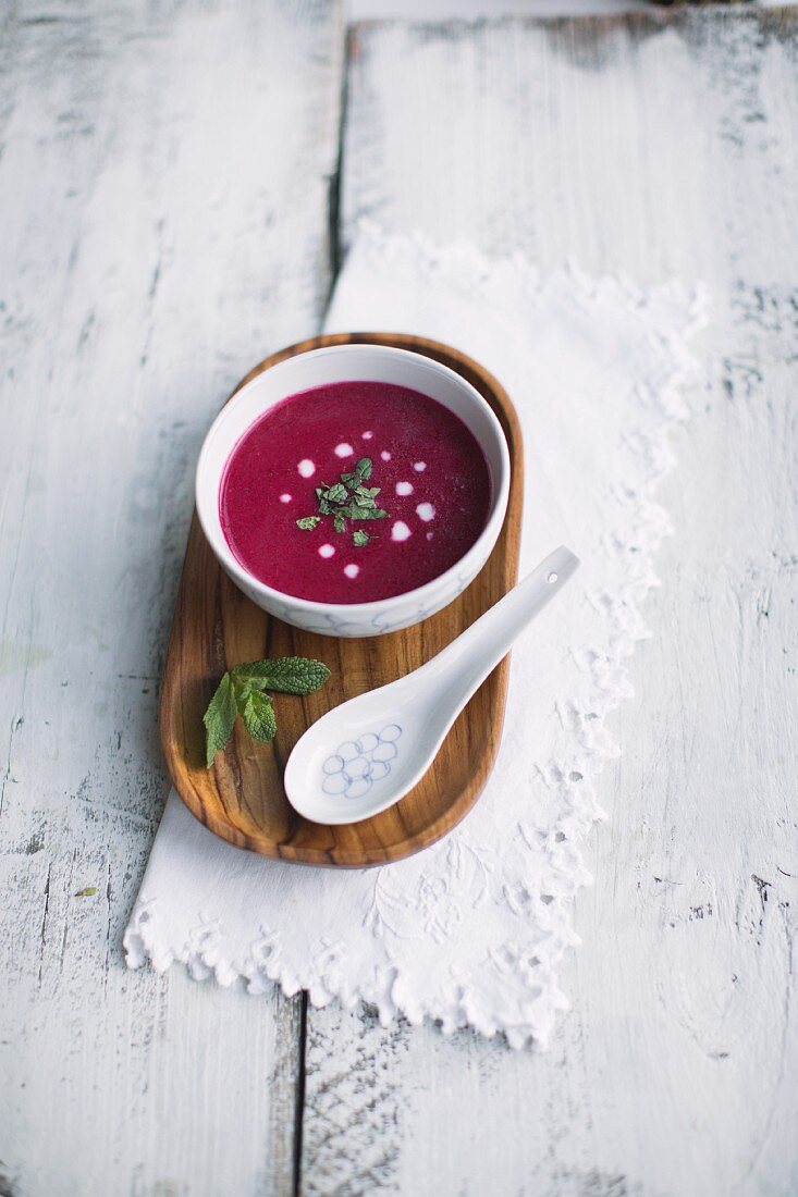 Beetroot soup with coconut and mint