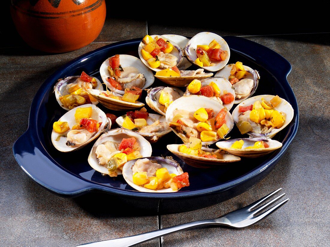 Clams filled with sweetcorn and tomatoes (Mexico)