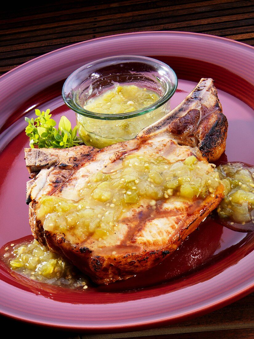 Grilled pork chop with salsa verde