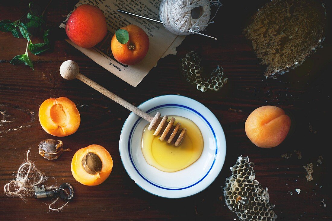 Plate of honey with apricots and wild honeycombs (seen from above)
