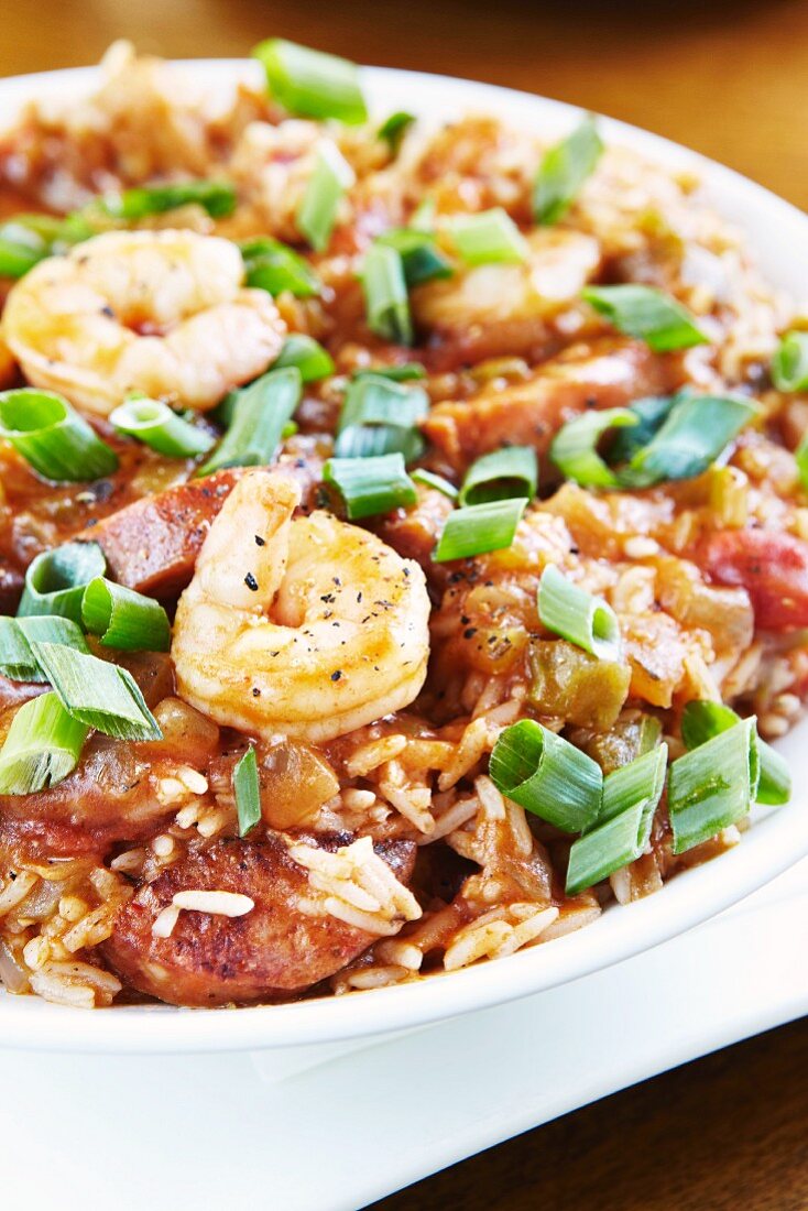 Rice with sausage, prawns and spring onions