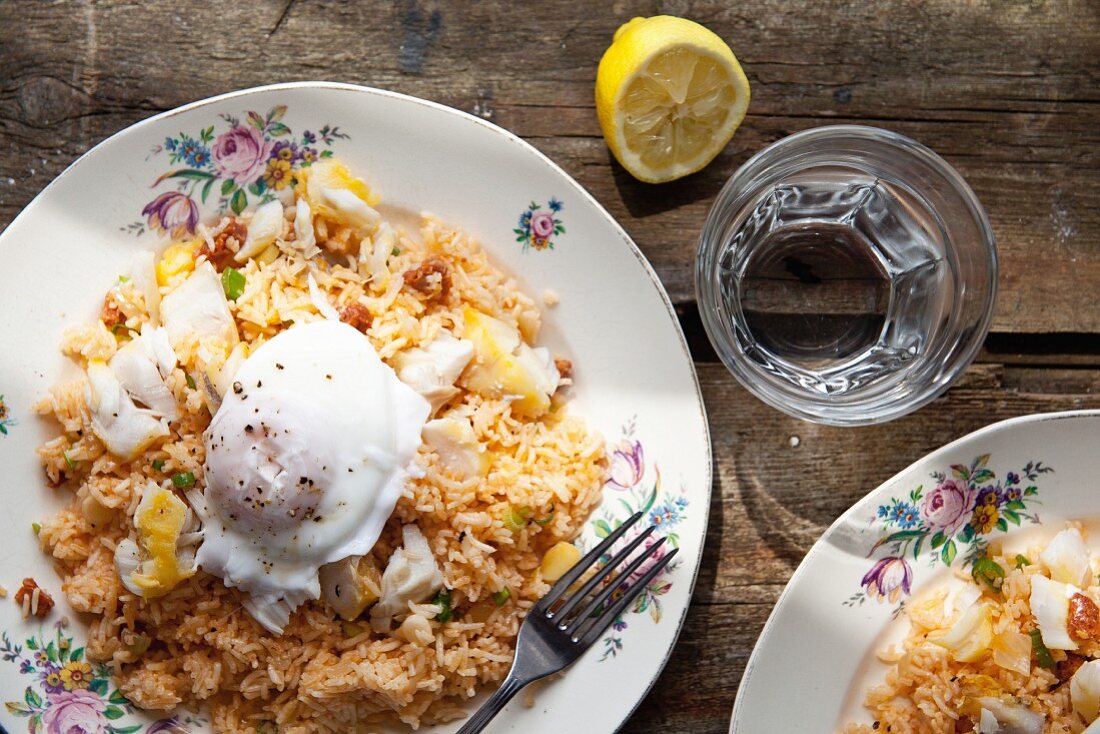 Smoked cod and chorizo kedgeree with a poached egg