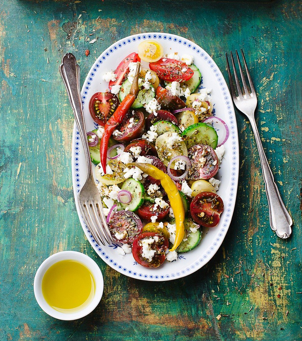 Greek salad with sheep's cheese and peppers