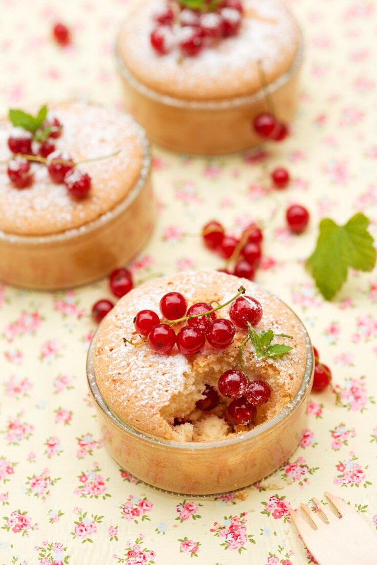 Mini cakes with redcurrants and icing sugar