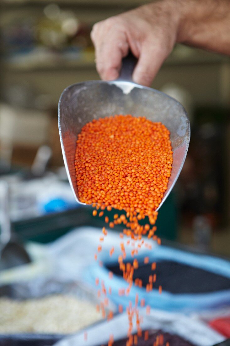 A hand holding a scoop of red lentils at a market