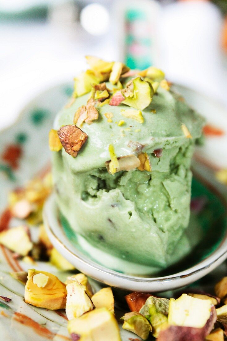Pistachio ice cream with chopped nuts