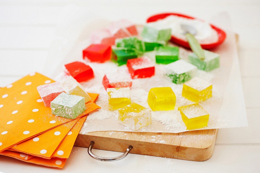 Jelly Delights (jelly cubes dusted with icing sugar)