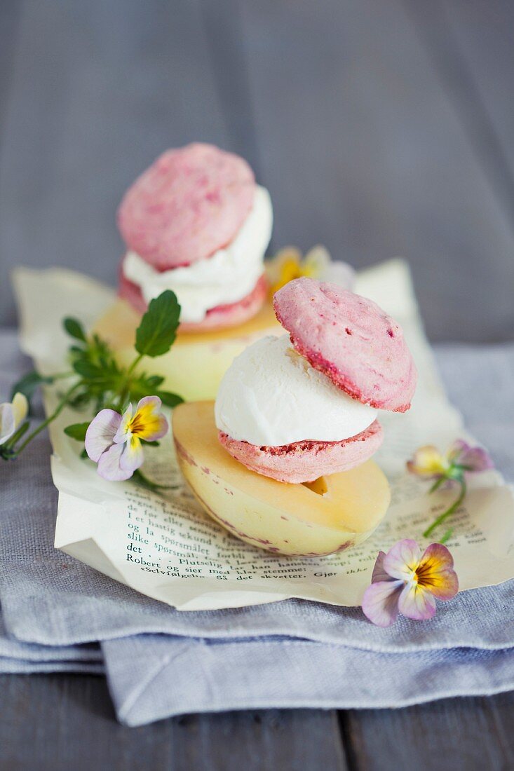 Ice cream sandwiches on pepino melon with pansies