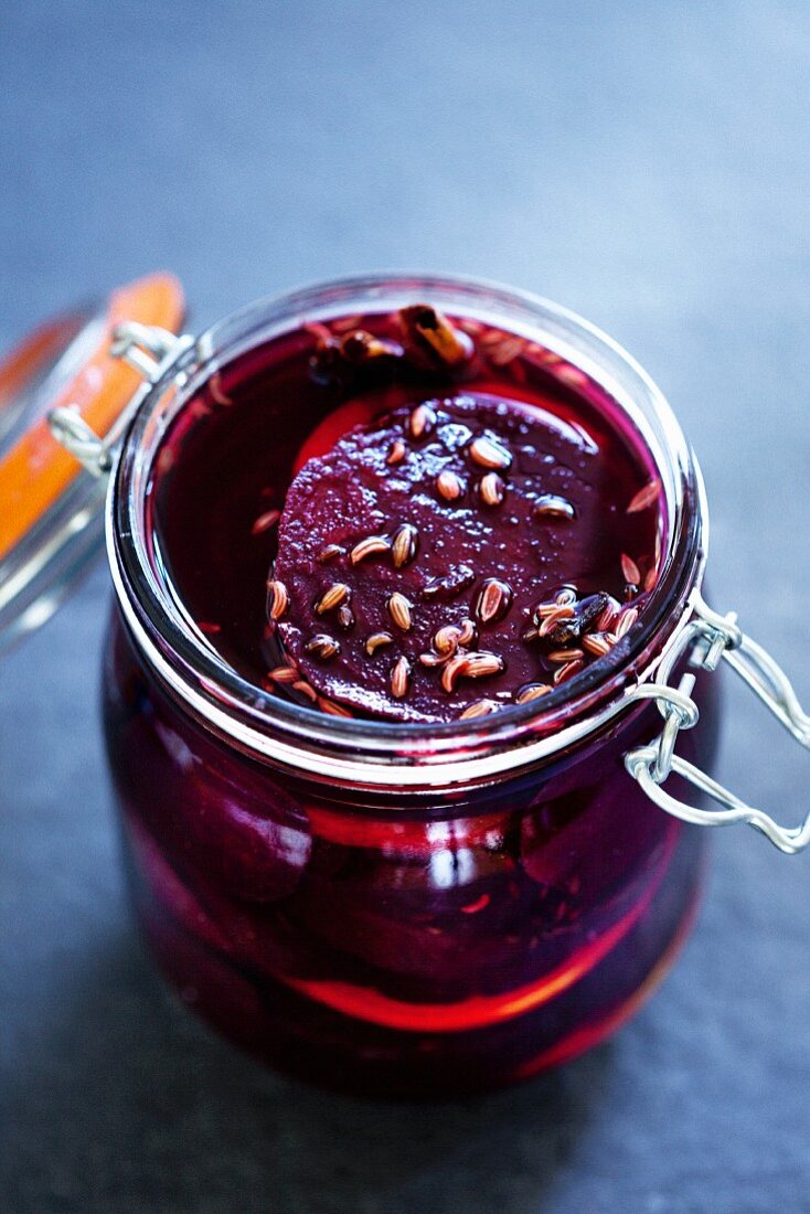 A jar of pickled beetroot