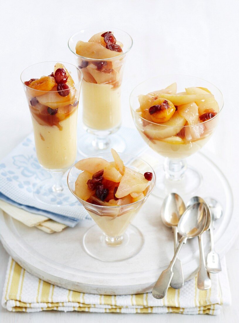Poached fruit with vanilla pudding