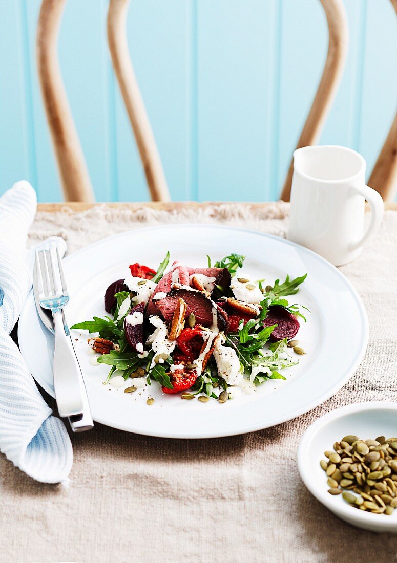 Beetroot salad with beef and mozzarella