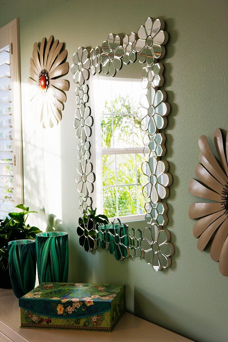 Mirror and decorations on wall