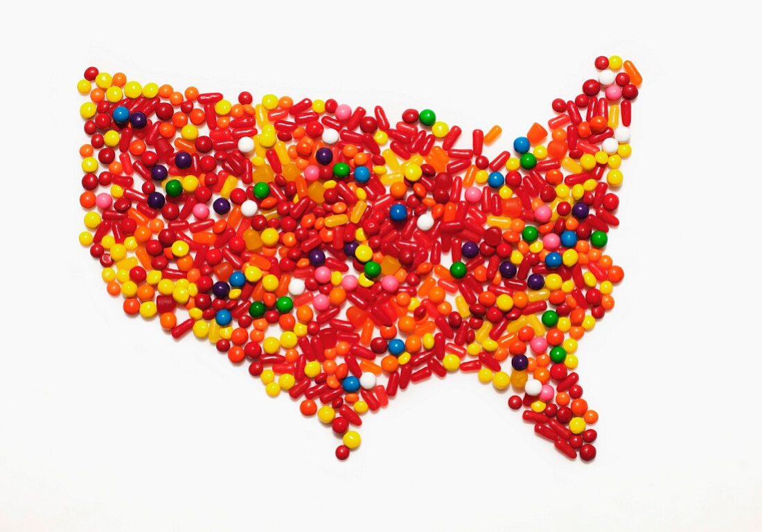 A map of the United States made from colourful sweets