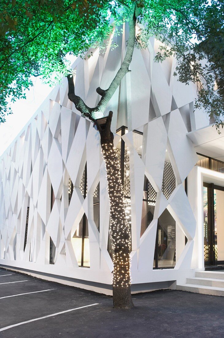 Architektonisch moderne Aussenwand eines Gebäudes, im Vordergrund Baum mit Lichterkette