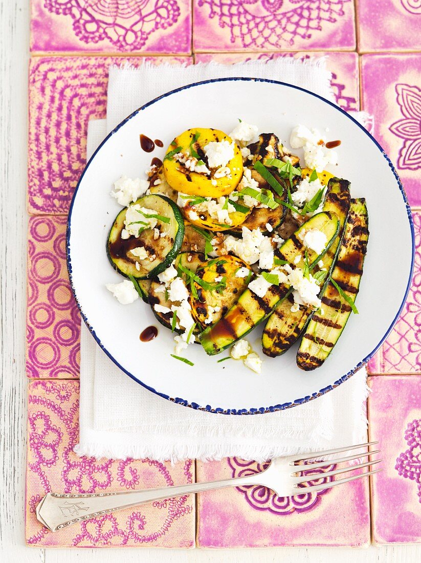 Grilled courgettes with feta, mint and balsamic vinegar