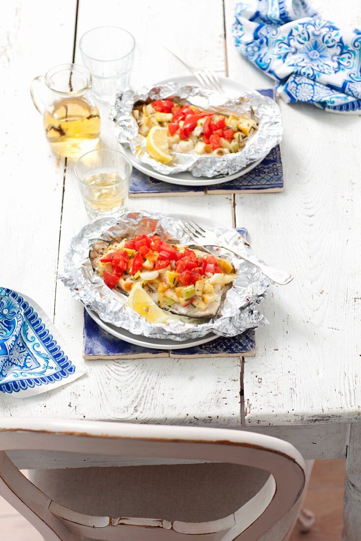 Trout fillets in foil with apples, tomatoes and leak