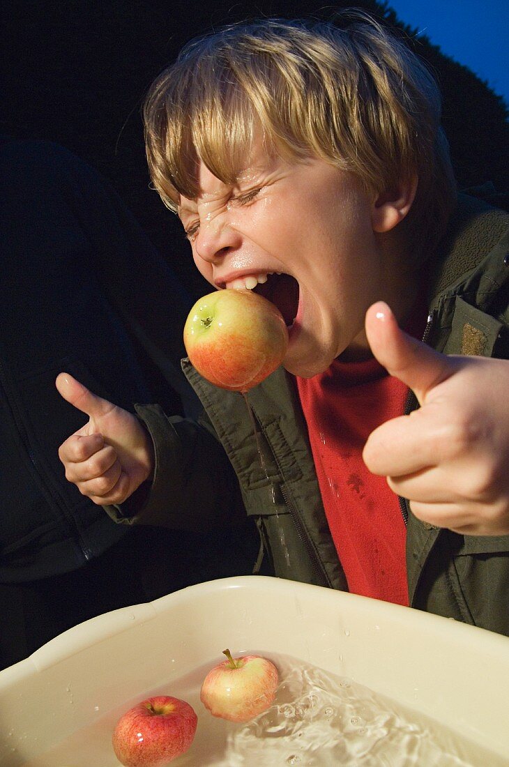 A little boy holding an apple between his teeth