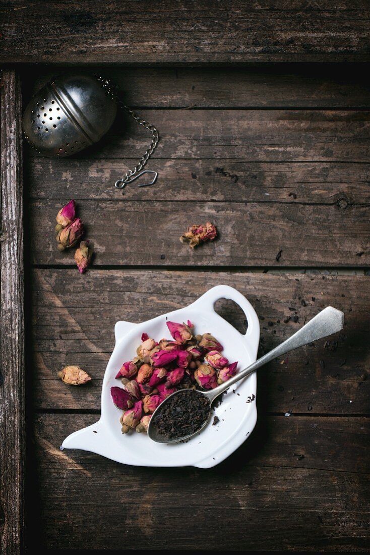 Black tea and tea rosebuds