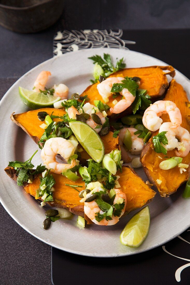 Sweet potatoes with prawns and limes
