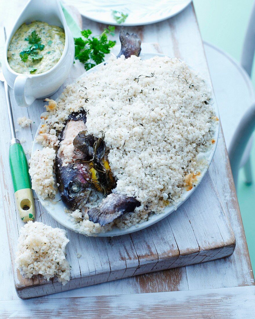 Trout in a salt crust with thyme and herb remoulade