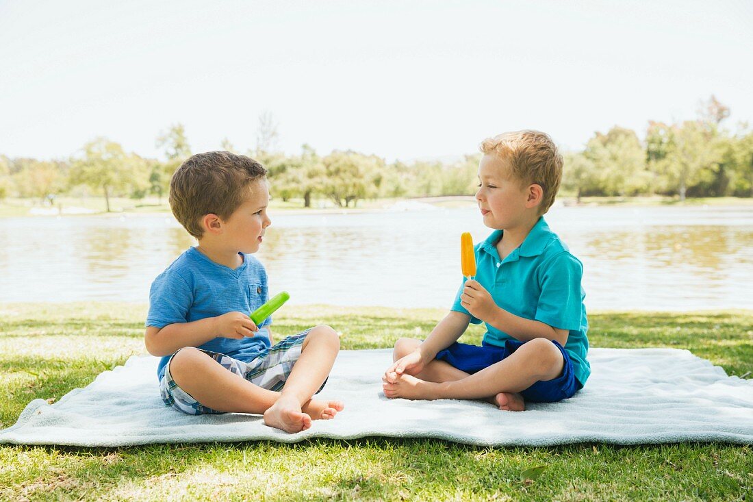 Two brothers sitting on a picnic rug eating ice lollies, Newport Beach, California, USA