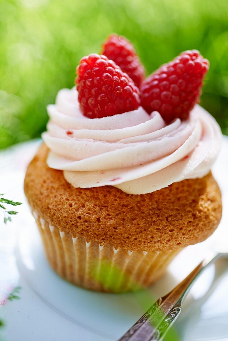 A cupcake topped with buttercream and raspberries