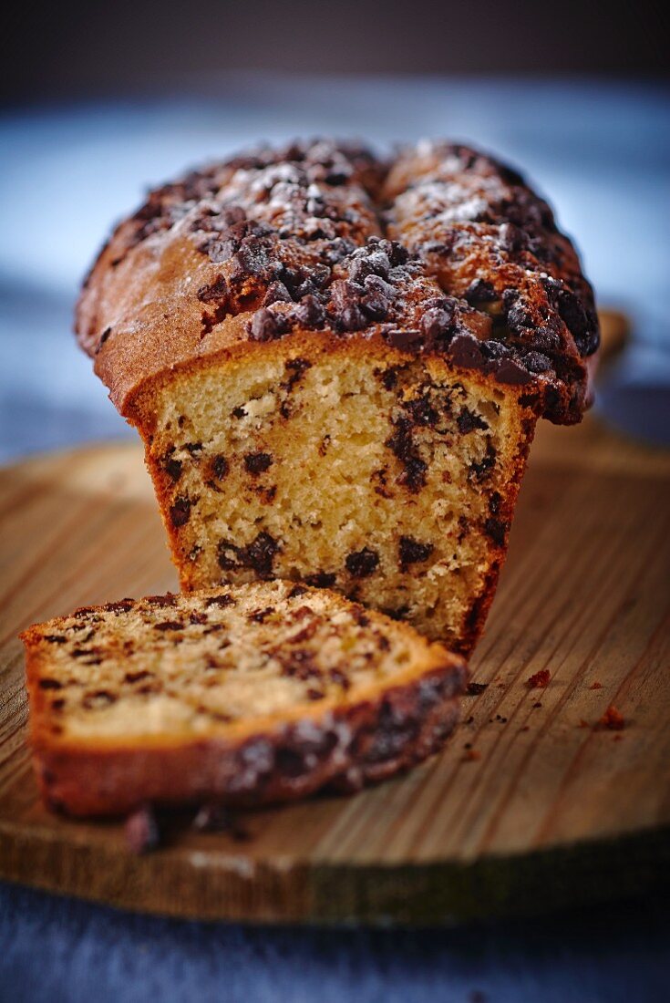 A chocolate chip loaf cake, sliced