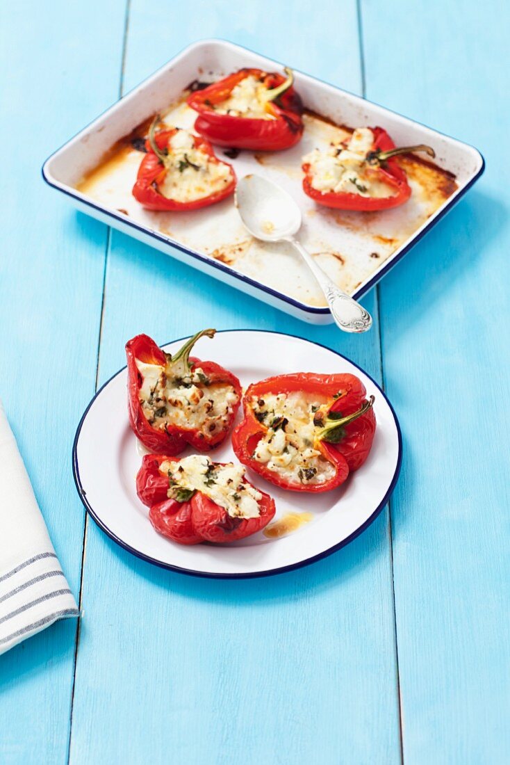 Red peppers filled with mozzarella and feta cheese