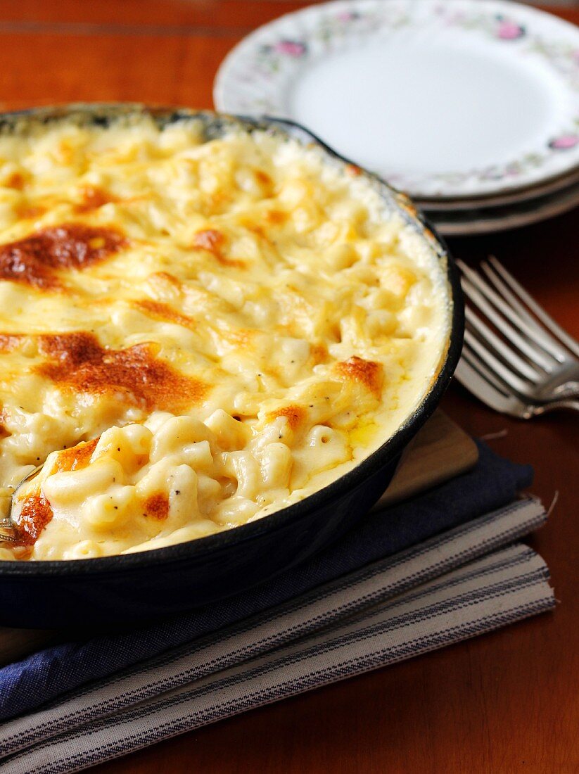 Baked macaroni and cheese in a baking dish