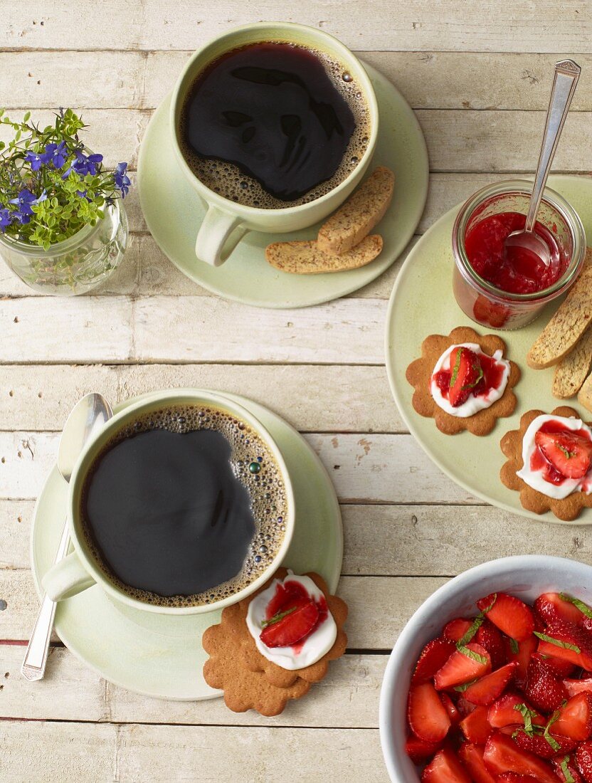 Coffee with strawberry biscuits