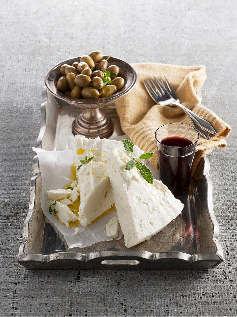 Sheep's cheese, olive oil, olives and red wine from Greece