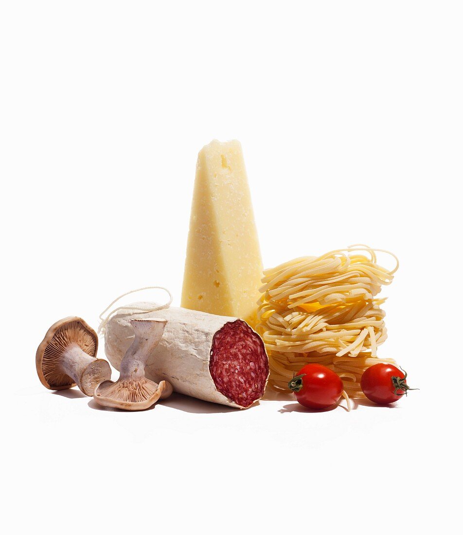 Salami, mushrooms, cheese, pasta and tomatoes