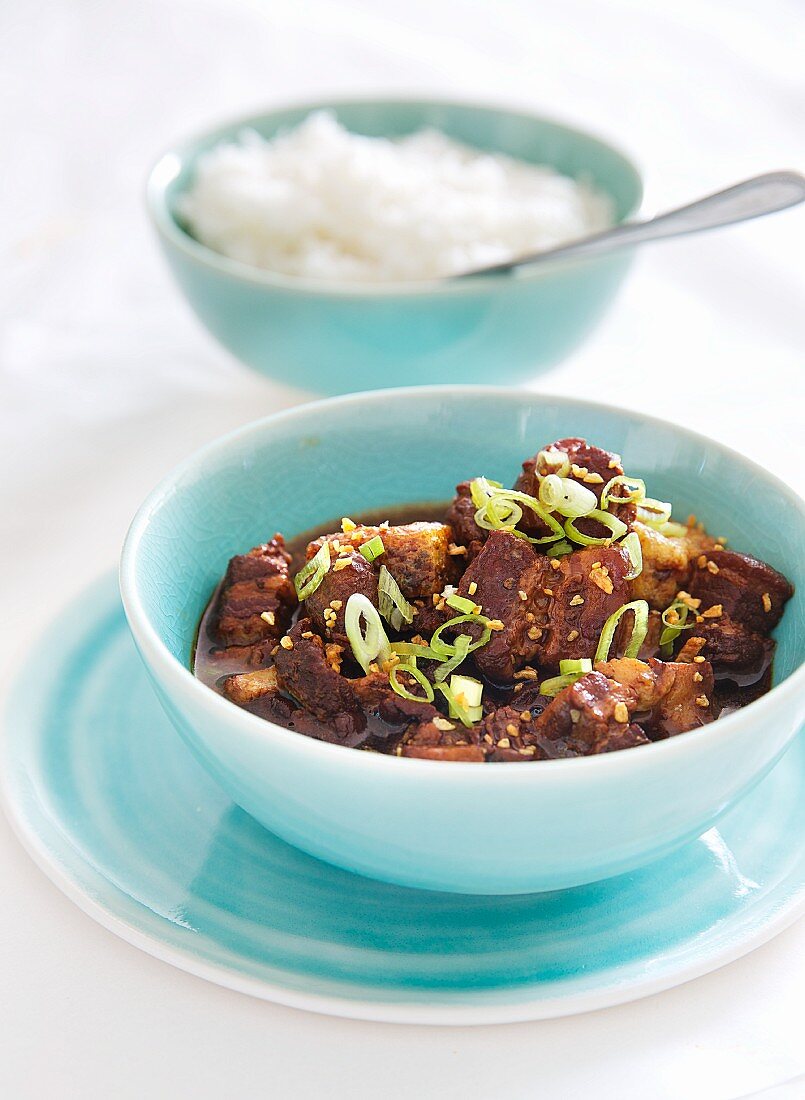 Pork belly in a caramel and soy sauce served with rice (Asia)