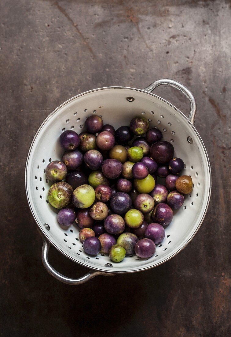 Tomatillos in a colander (seen from above)