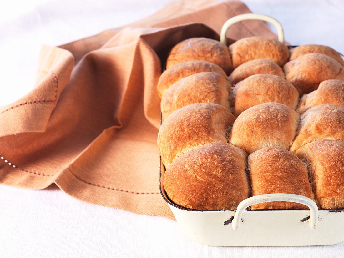 Buchteln (baked, sweet yeast dumplings) in a baking tin