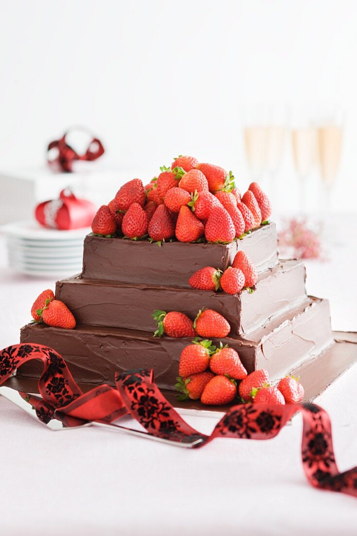 A square strawberry cake with chocolate glaze