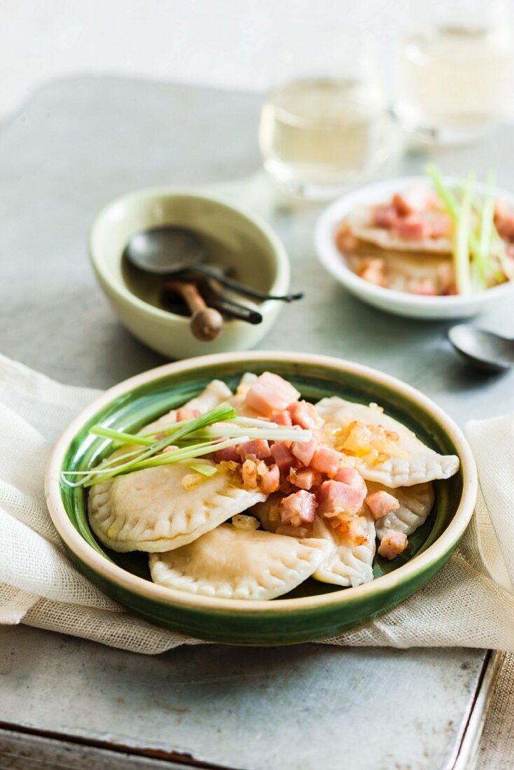 Polish ravioli with diced ham and onions