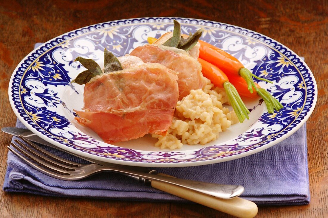 Chicken saltimbocca with carrots and rice