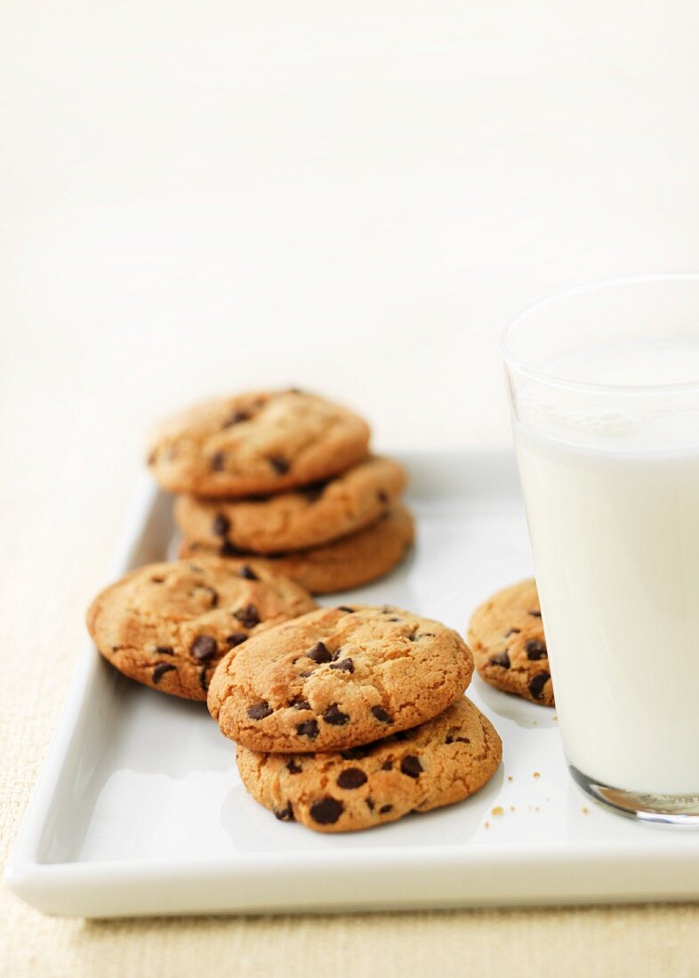 Chocolate chip cookies and a glass of milk